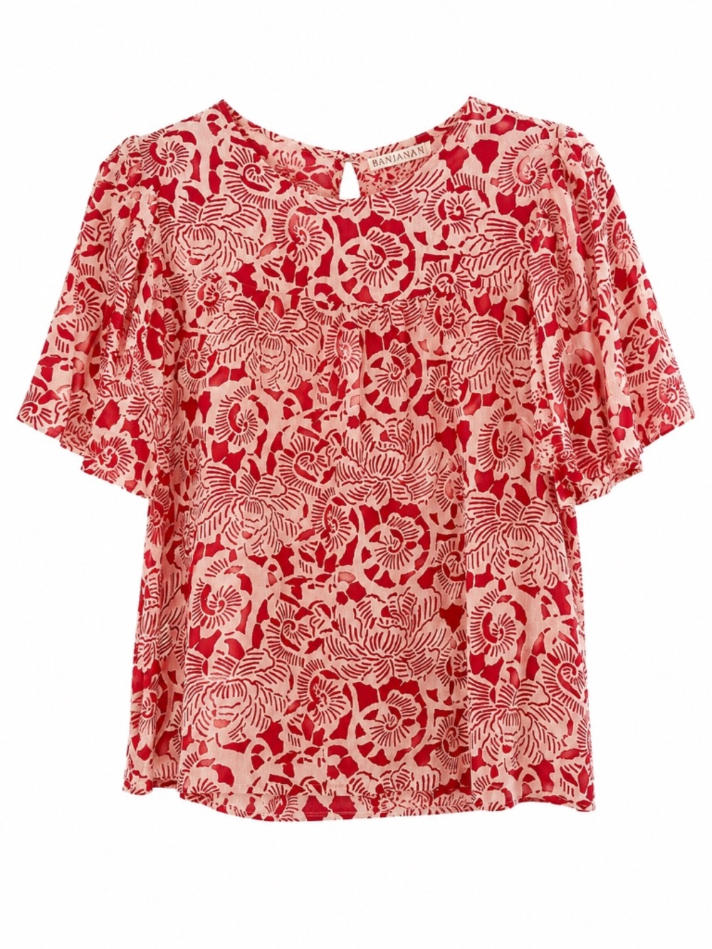*Banjanan Anthropologie Red Cream Floral Flutter Sleeve Blouse Size Medium 6 8*